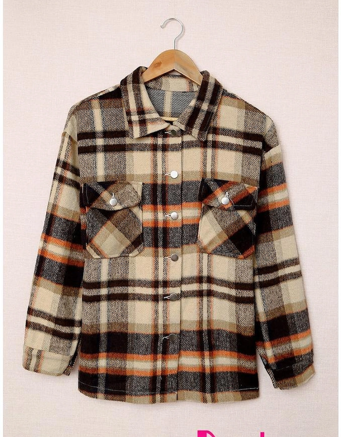 Orange Geometric Plaid Print Pocketed Shacket