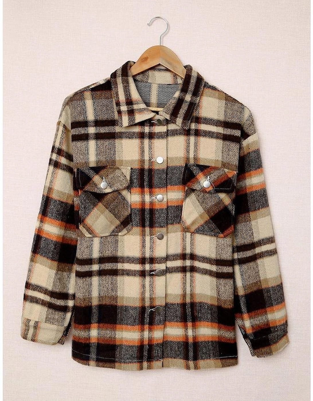 Orange Geometric Plaid Print Pocketed Shacket