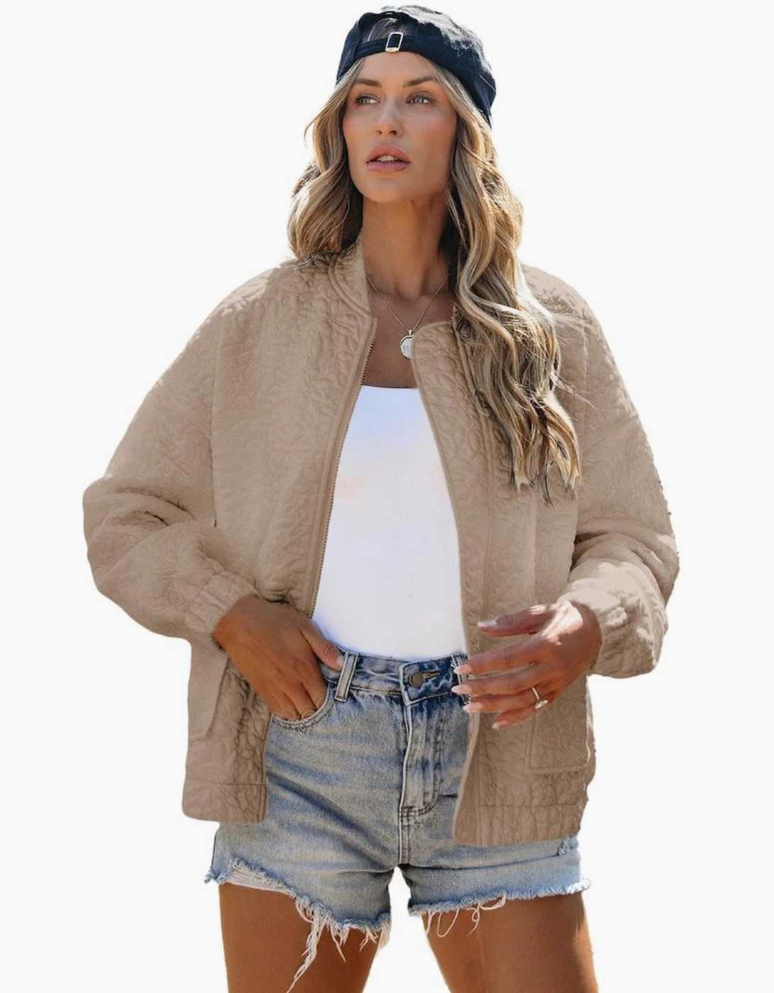 Light French Beige Floral Quilted Jacket