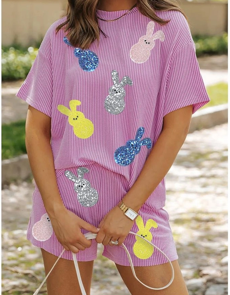 Phalaenopsis Ribbed Sequined Easter Bunny Graphic Tee and Short Set