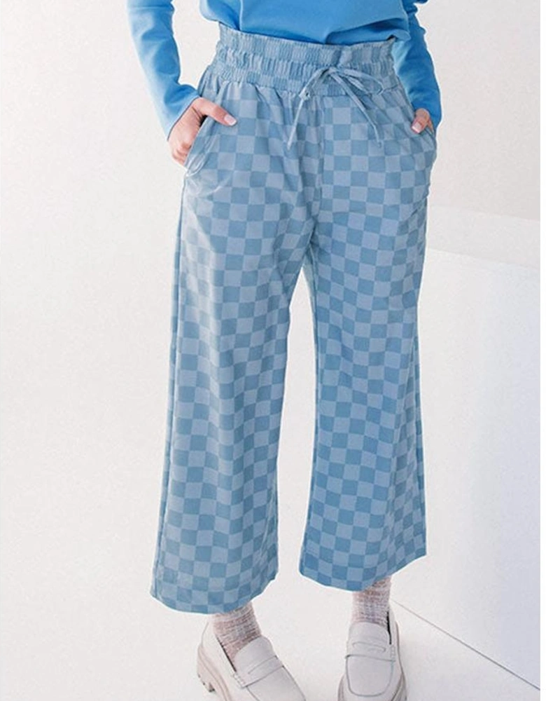 Sky Blue Checkered Elastic High Waist Loose Casual Pants
