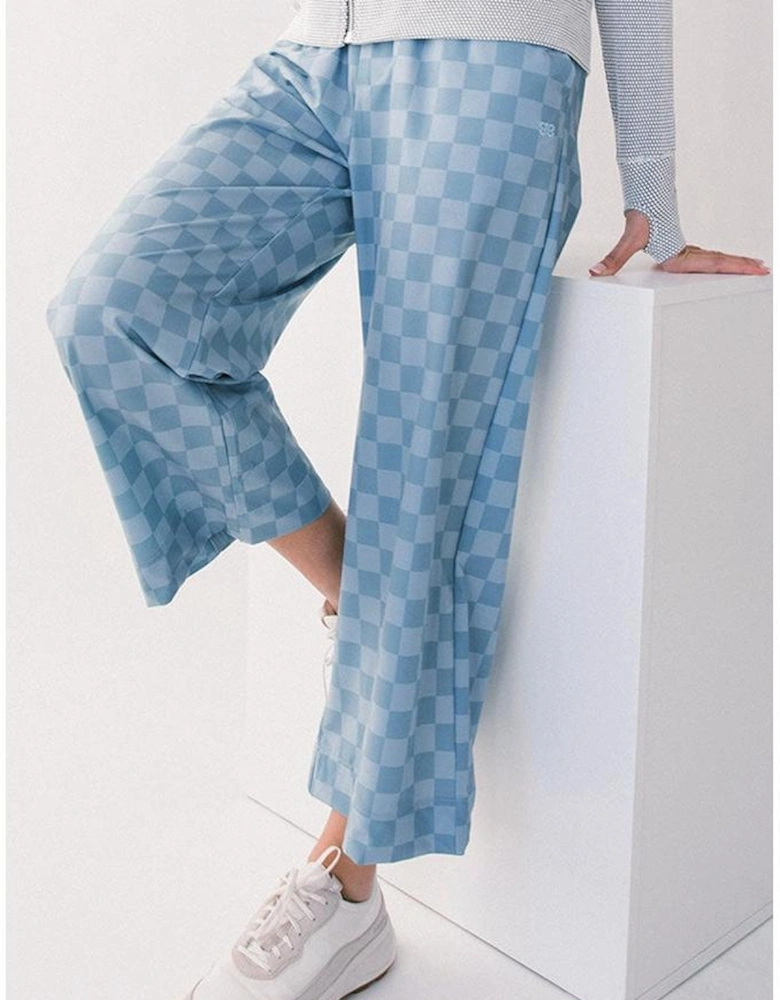 Sky Blue Checkered Elastic High Waist Loose Casual Pants