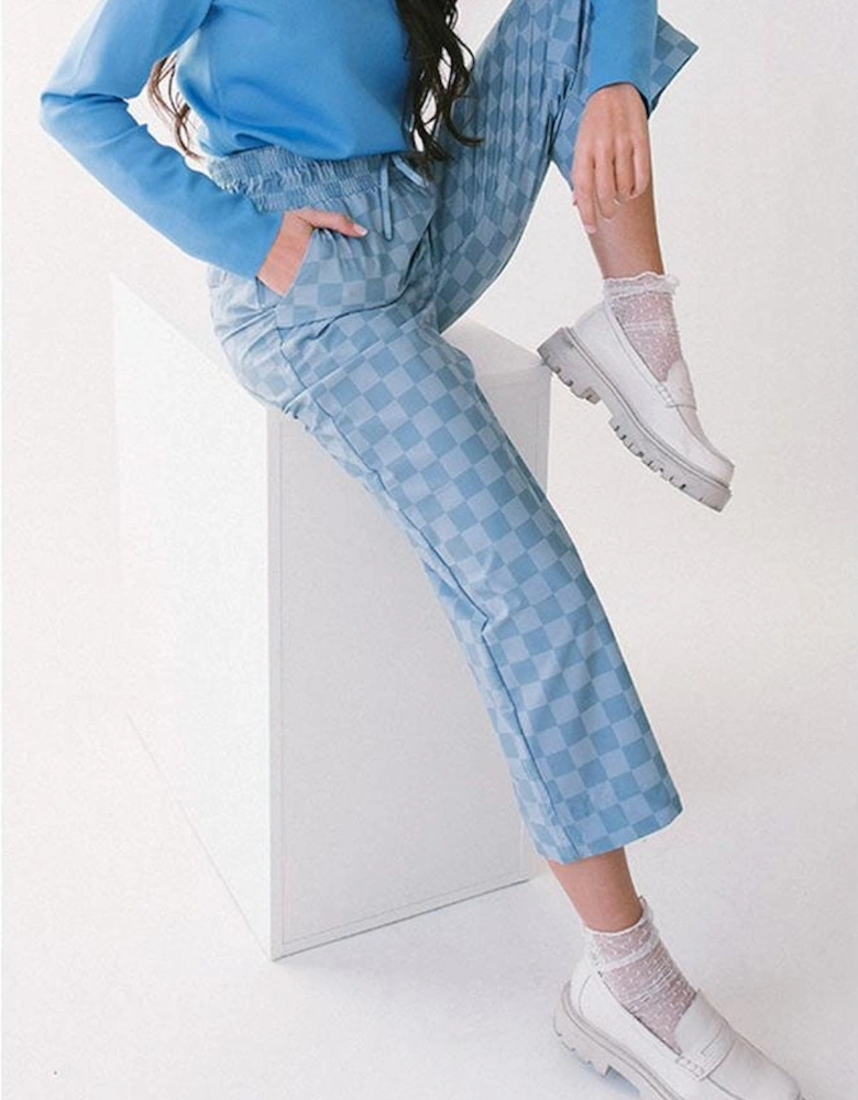 Sky Blue Checkered Elastic High Waist Loose Casual Pants