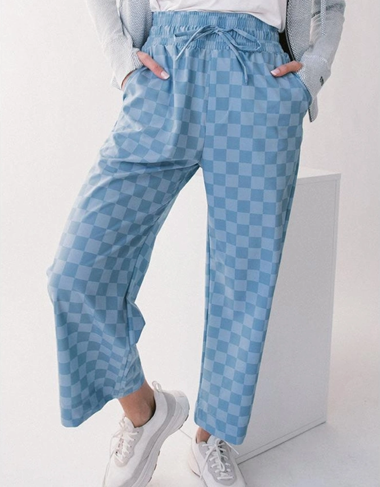 Sky Blue Checkered Elastic High Waist Loose Casual Pants