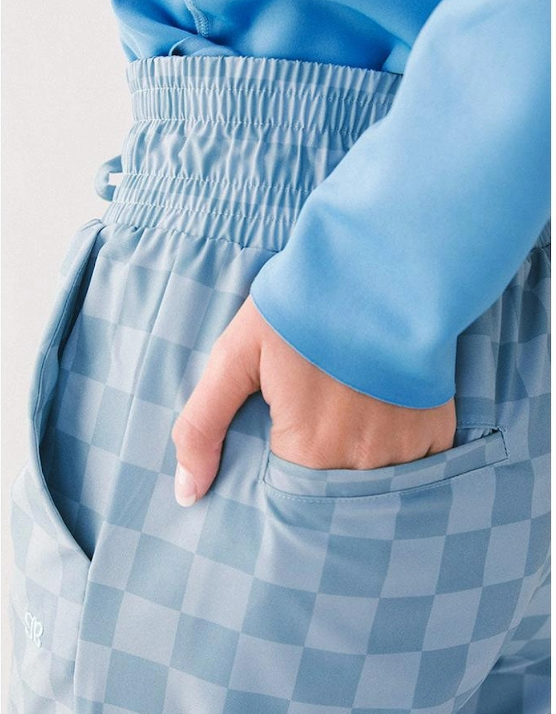 Sky Blue Checkered Elastic High Waist Loose Casual Pants