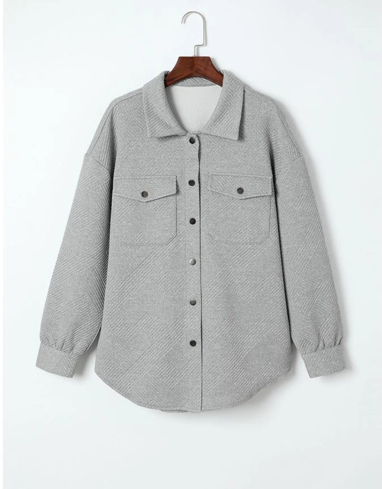 Gray Solid Textured Flap Pocket Buttoned Shacket