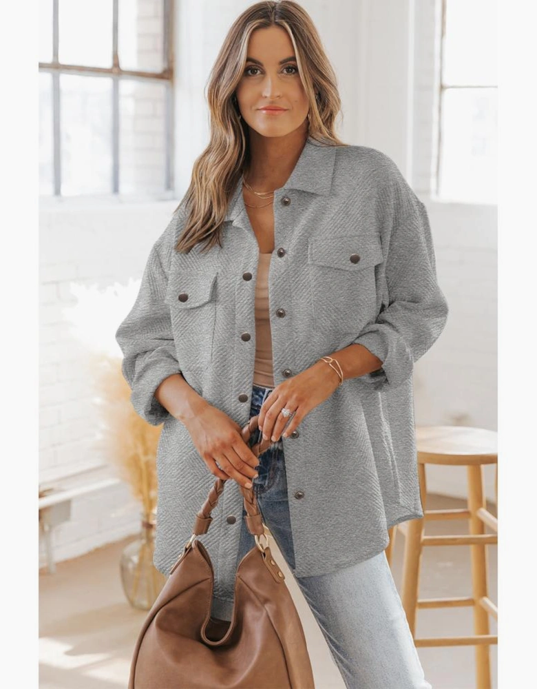 Gray Solid Textured Flap Pocket Buttoned Shacket