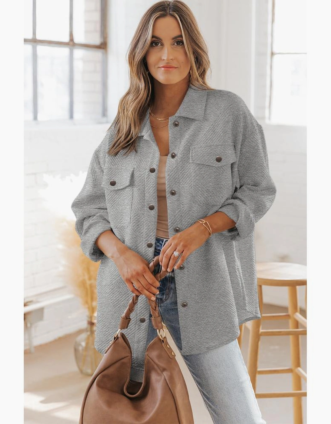 Gray Solid Textured Flap Pocket Buttoned Shacket