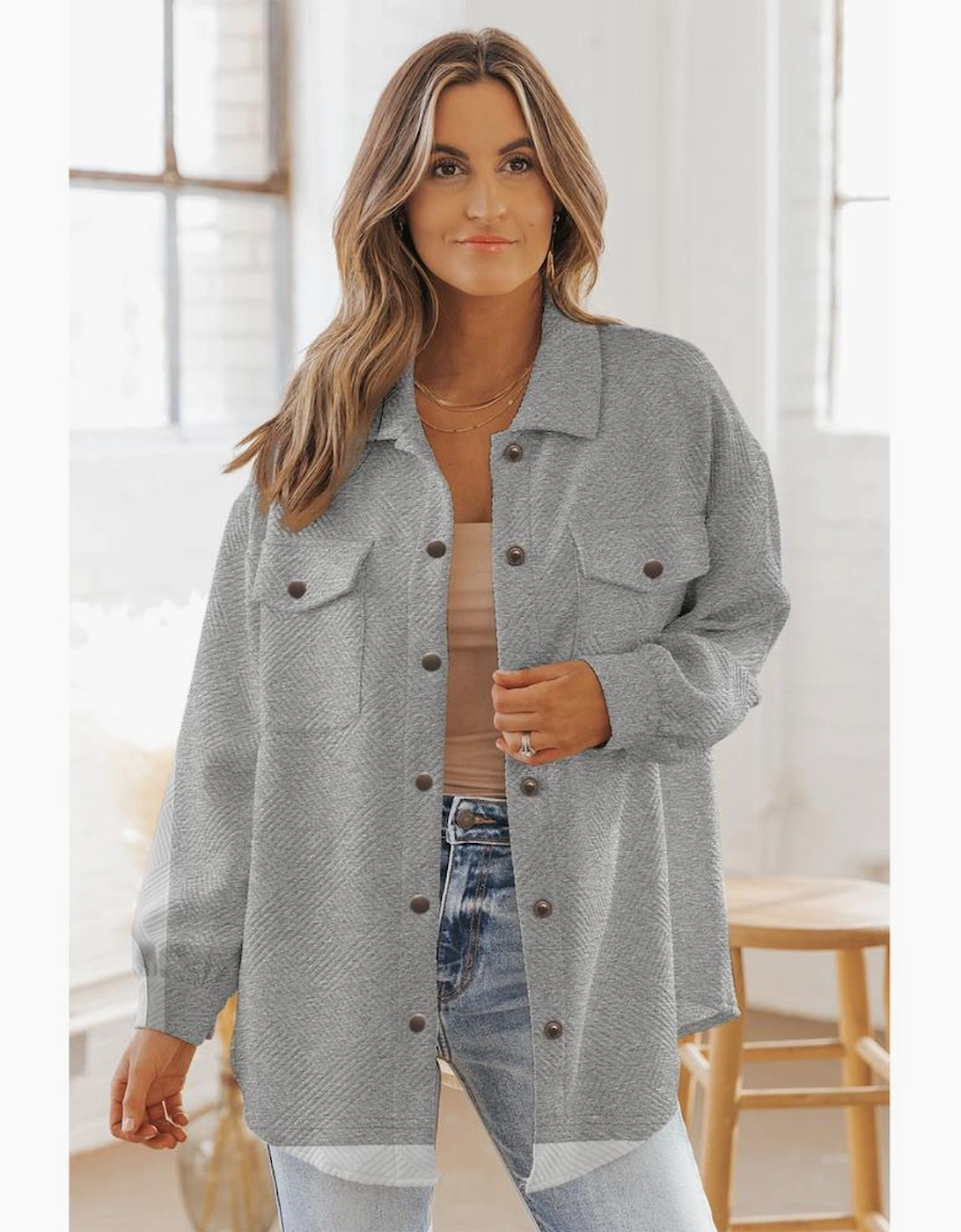 Gray Solid Textured Flap Pocket Buttoned Shacket