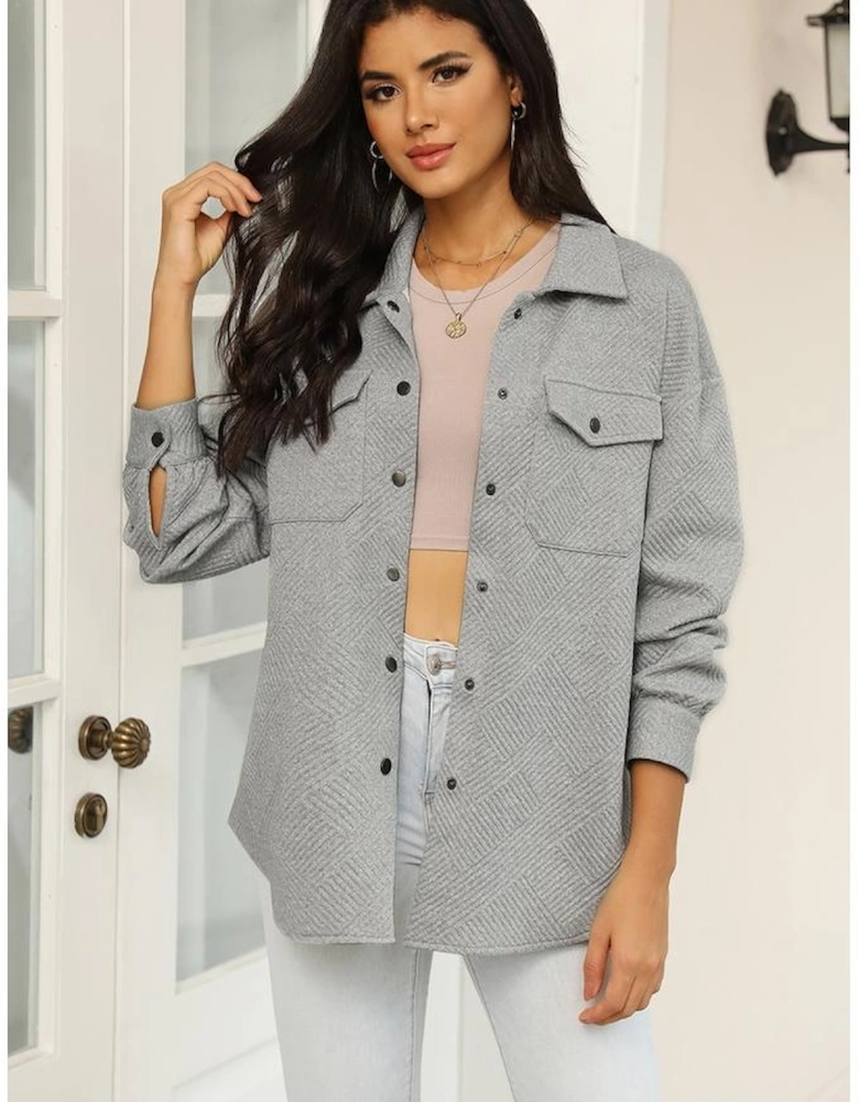 Gray Solid Textured Flap Pocket Buttoned Shacket