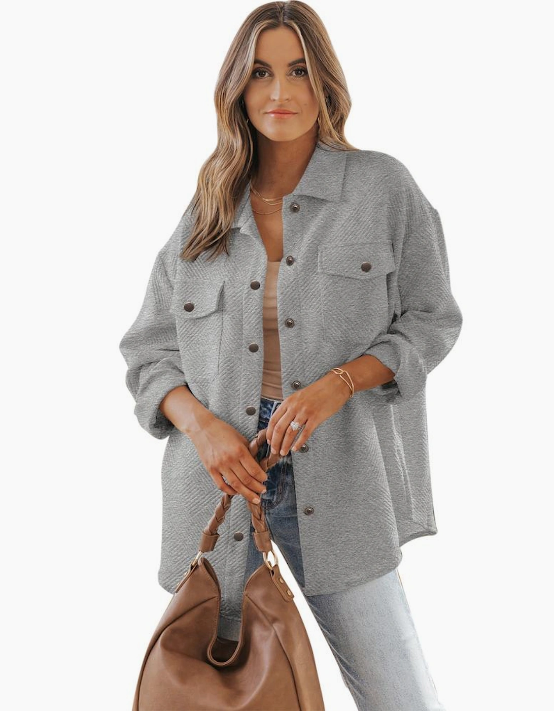 Gray Solid Textured Flap Pocket Buttoned Shacket