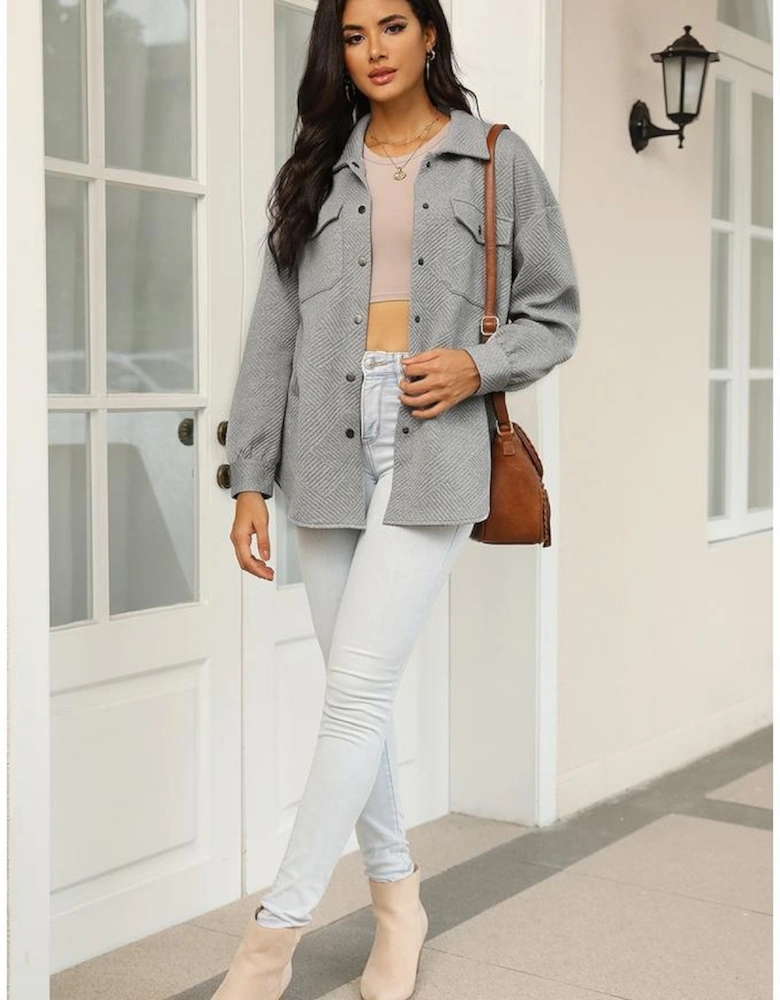 Gray Solid Textured Flap Pocket Buttoned Shacket