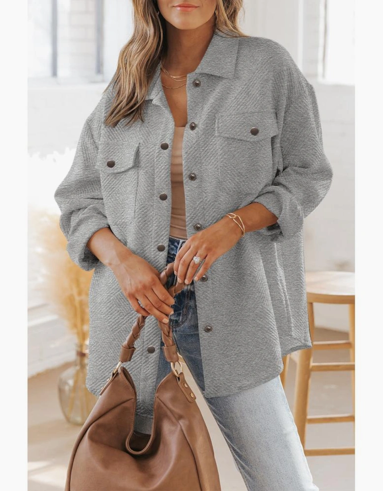Gray Solid Textured Flap Pocket Buttoned Shacket