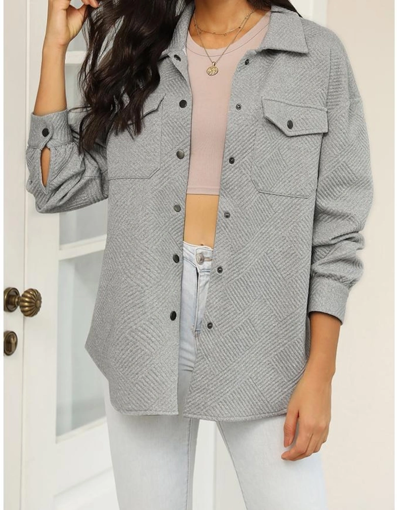 Gray Solid Textured Flap Pocket Buttoned Shacket