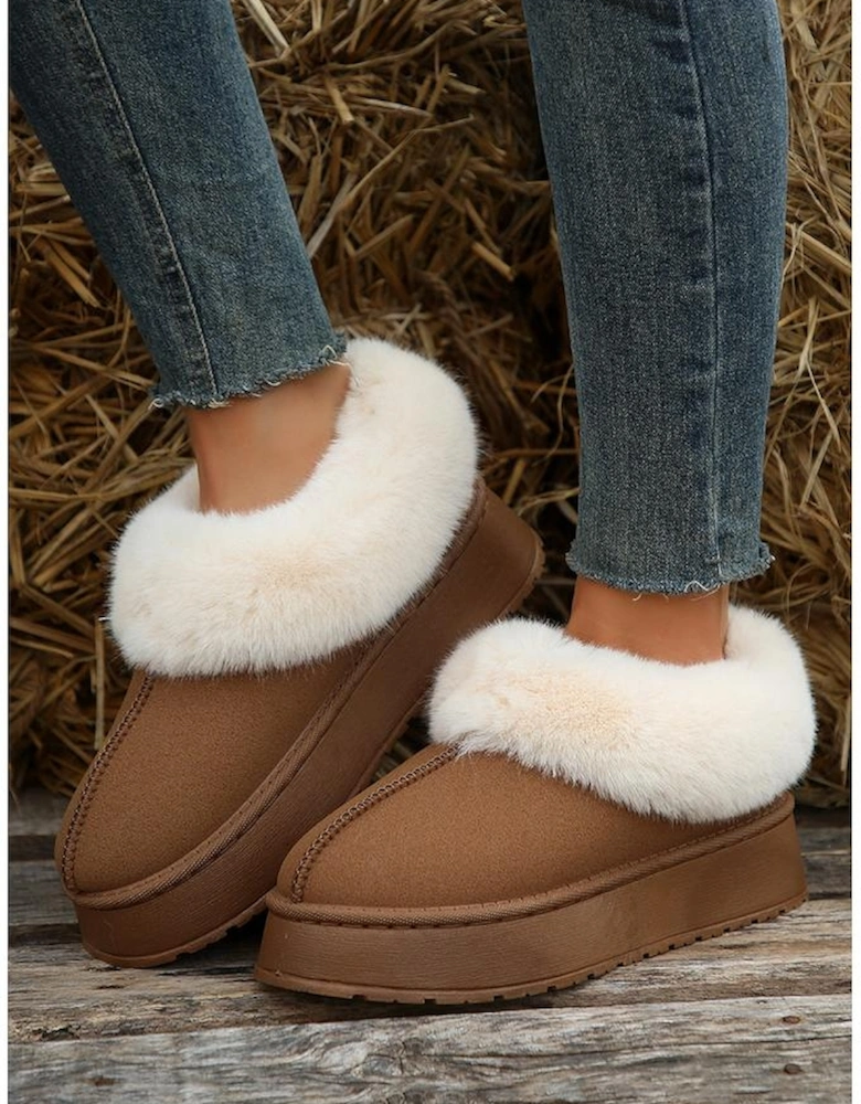 Chestnut Plush Suede Trim Thick Sole Flat Snow Boots