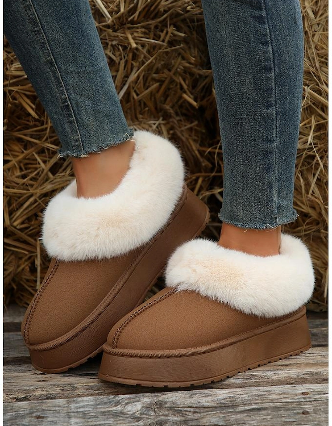 Chestnut Plush Suede Trim Thick Sole Flat Snow Boots