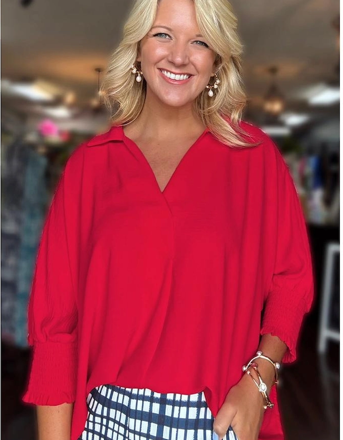 Fiery Red V Neck Collared Shirred 3/4 Sleeve Oversized Tunic Top