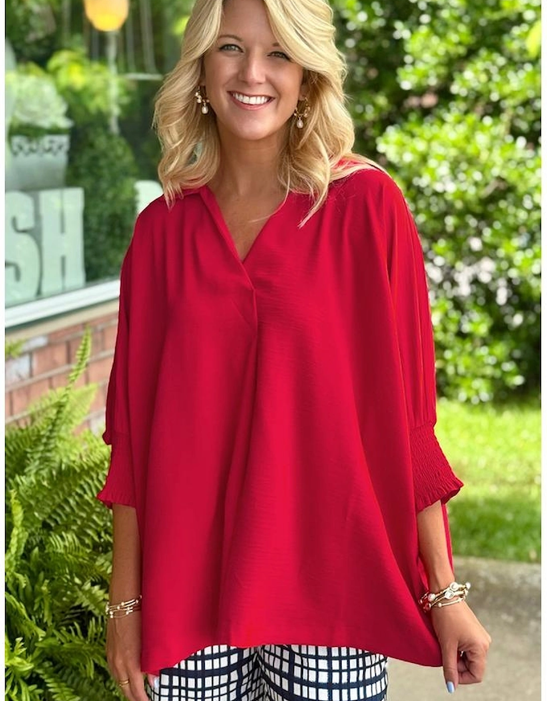 Fiery Red V Neck Collared Shirred 3/4 Sleeve Oversized Tunic Top, 5 of 4