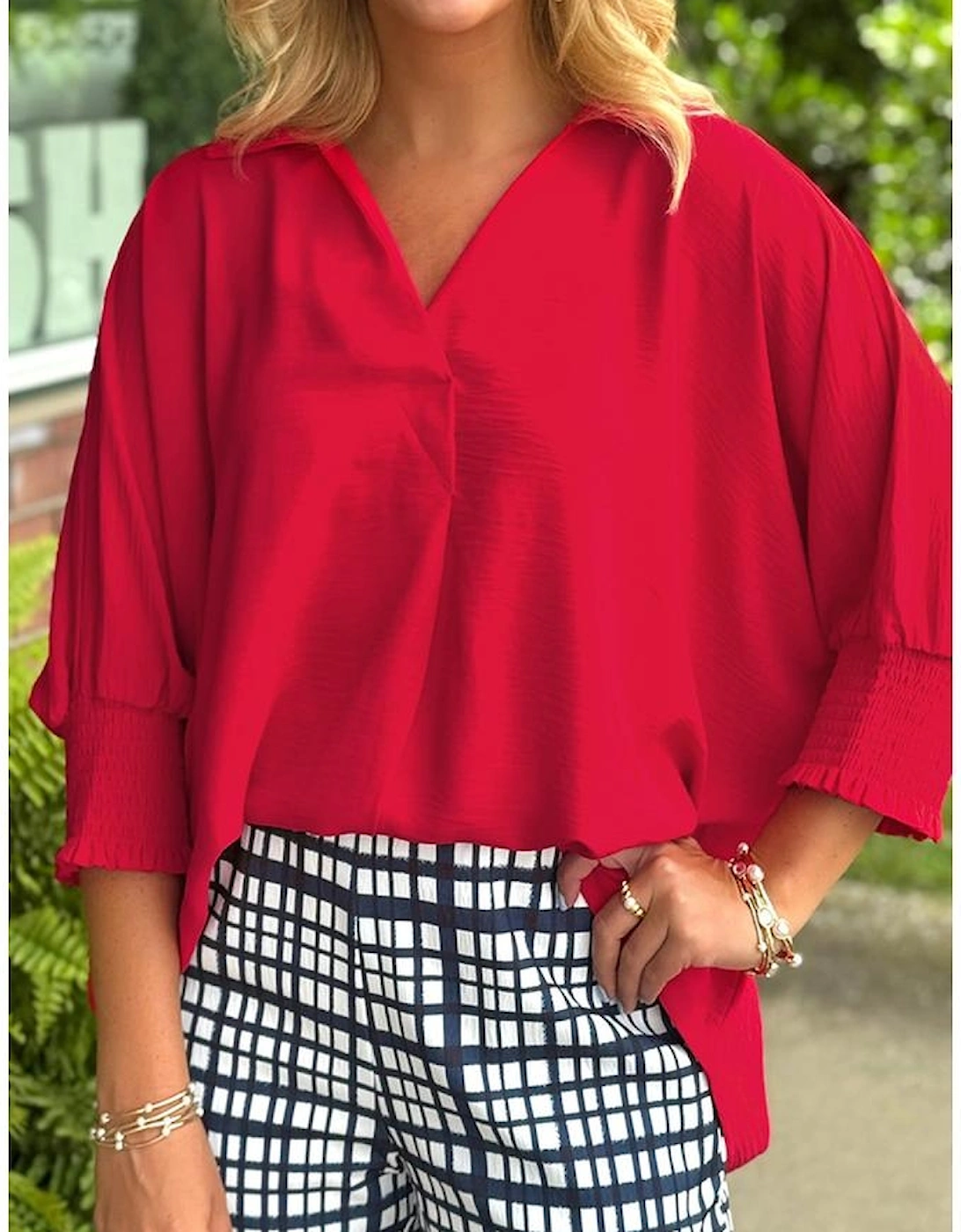 Fiery Red V Neck Collared Shirred 3/4 Sleeve Oversized Tunic Top