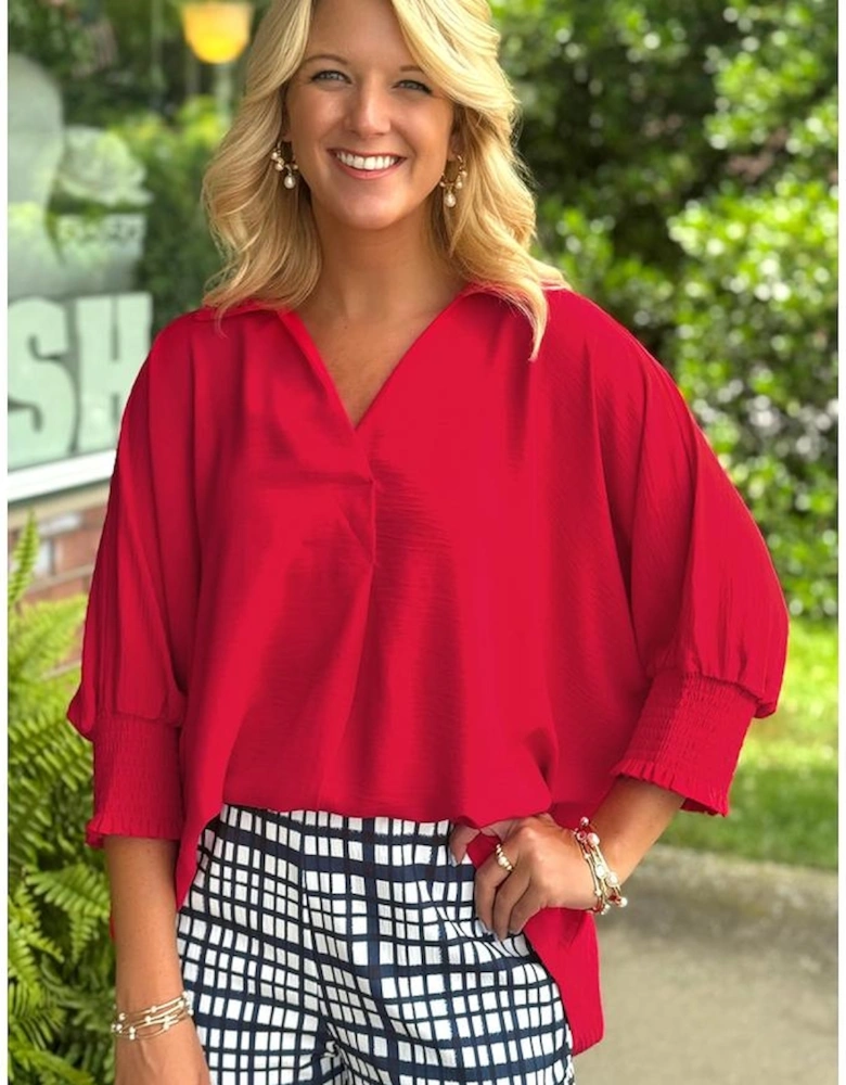 Fiery Red V Neck Collared Shirred 3/4 Sleeve Oversized Tunic Top