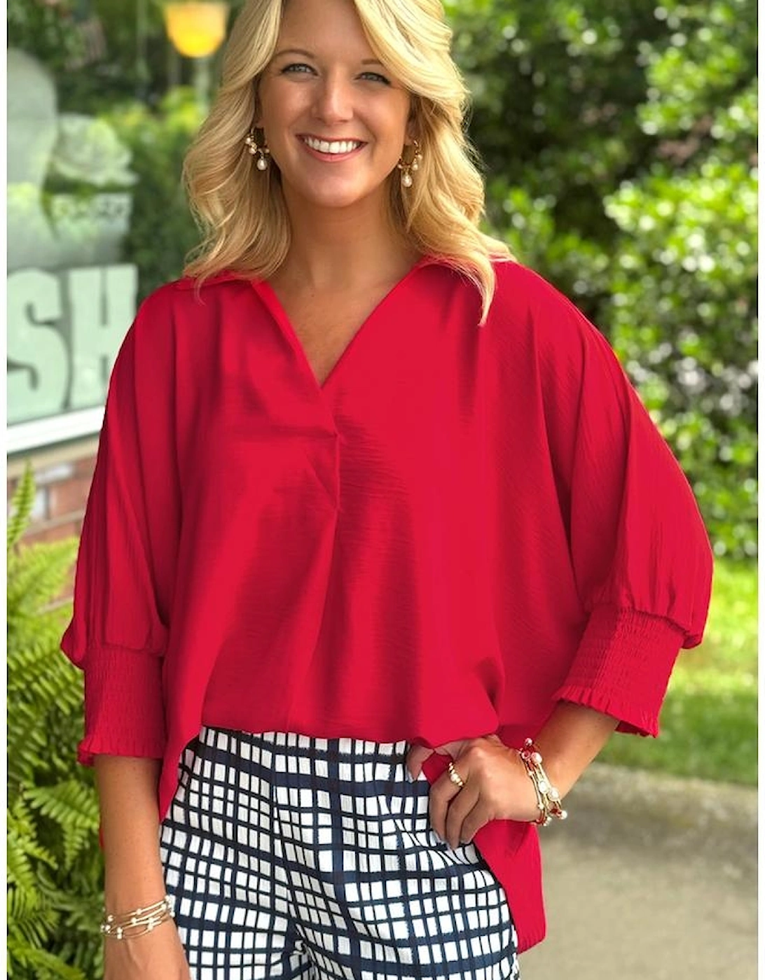 Fiery Red V Neck Collared Shirred 3/4 Sleeve Oversized Tunic Top