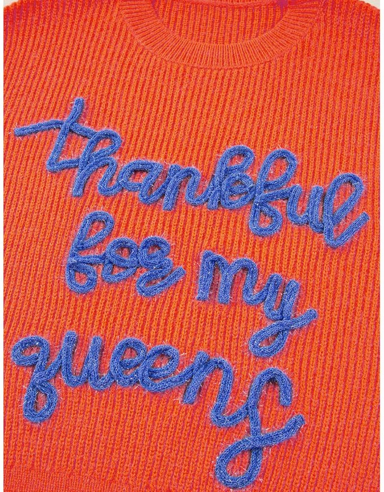 Vitality Orange Thankful for my queens Ribbed Knit Drop Shoulder Graphic Sweater
