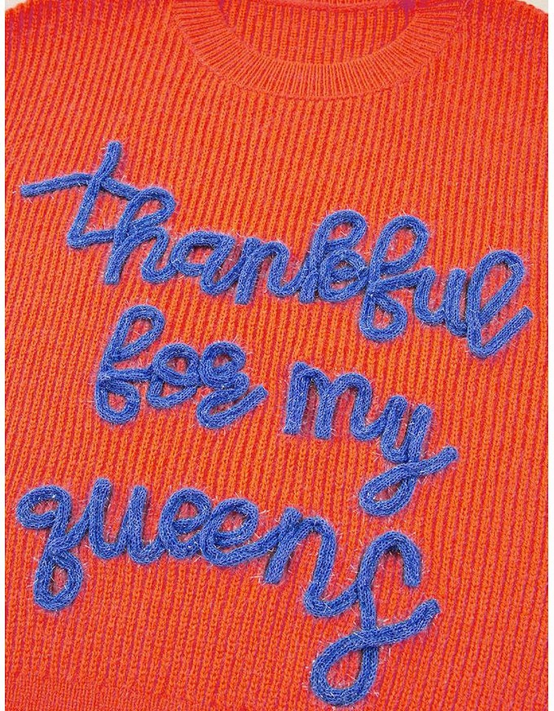 Vitality Orange Thankful for my queens Ribbed Knit Drop Shoulder Graphic Sweater