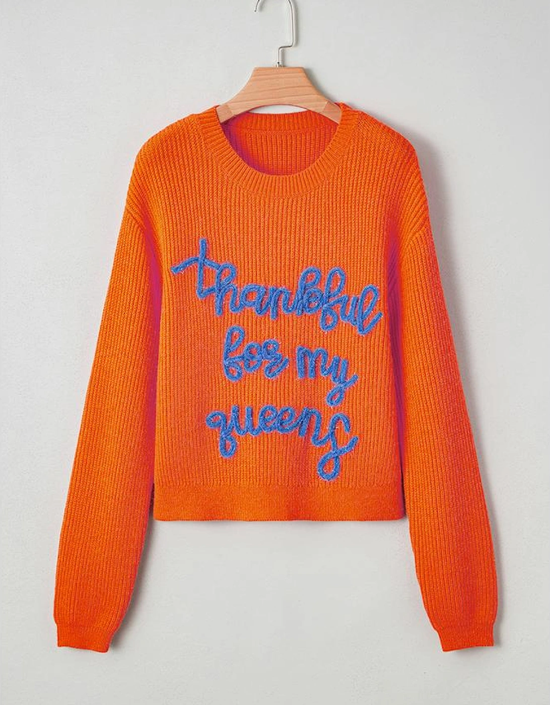 Vitality Orange Thankful for my queens Ribbed Knit Drop Shoulder Graphic Sweater