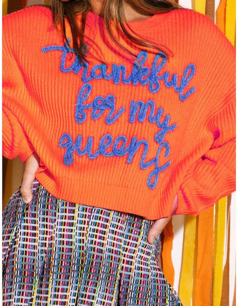 Vitality Orange Thankful for my queens Ribbed Knit Drop Shoulder Graphic Sweater