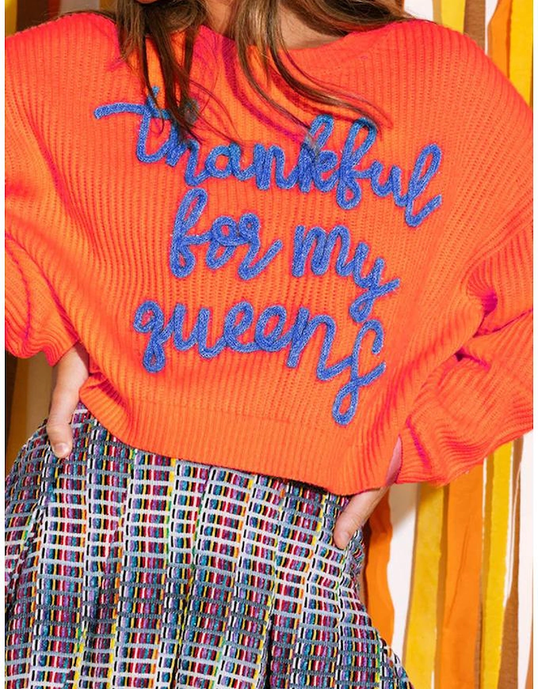 Vitality Orange Thankful for my queens Ribbed Knit Drop Shoulder Graphic Sweater