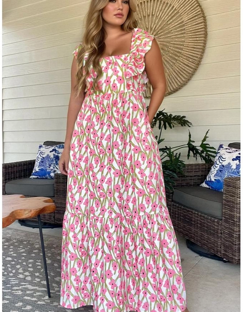 Pink Plus Size Ruffle Trim Square Neck High Waist Floral Maxi Dress