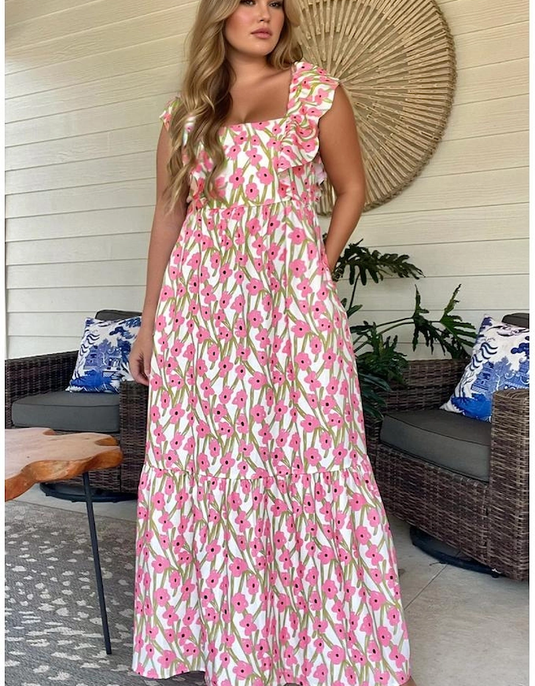 Pink Plus Size Ruffle Trim Square Neck High Waist Floral Maxi Dress