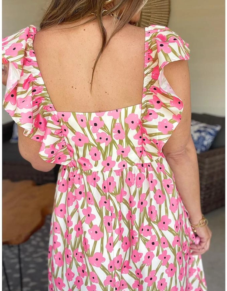 Pink Plus Size Ruffle Trim Square Neck High Waist Floral Maxi Dress