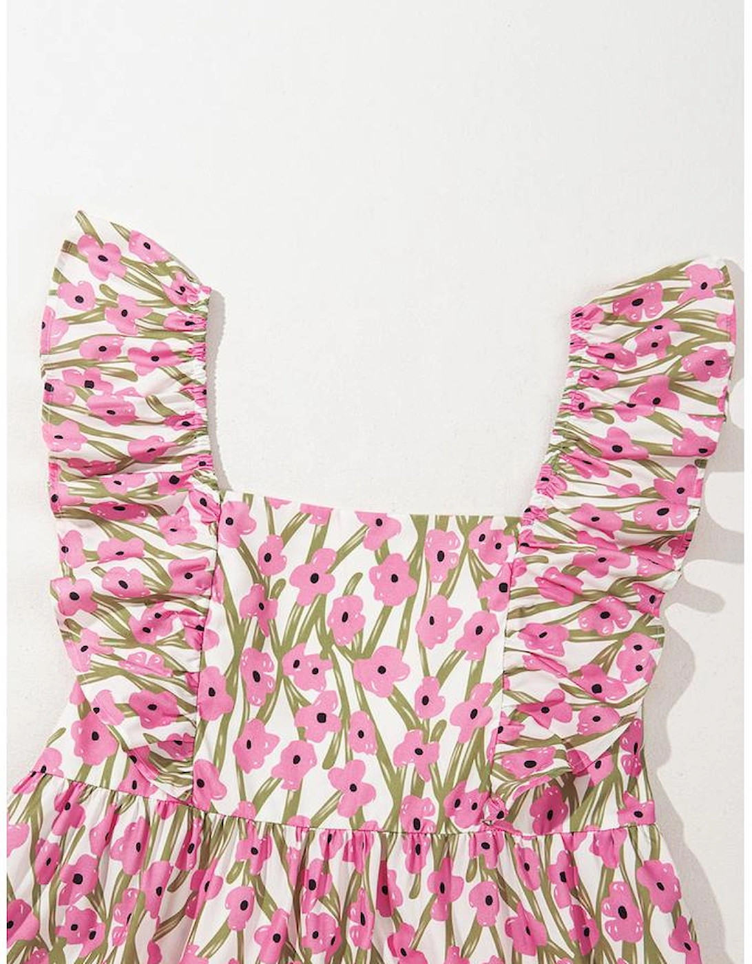 Pink Plus Size Ruffle Trim Square Neck High Waist Floral Maxi Dress