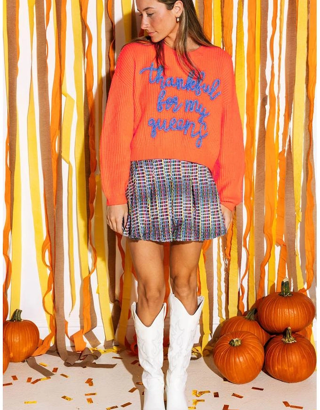 Vitality Orange Thankful for my queens Ribbed Knit Drop Shoulder Graphic Sweater