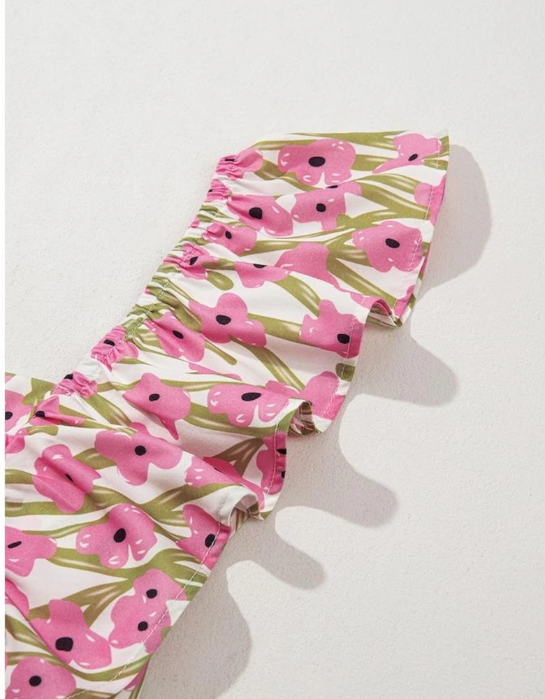 Pink Plus Size Ruffle Trim Square Neck High Waist Floral Maxi Dress