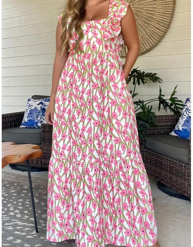 Pink Plus Size Ruffle Trim Square Neck High Waist Floral Maxi Dress