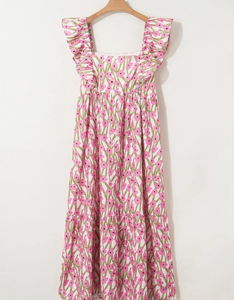 Pink Plus Size Ruffle Trim Square Neck High Waist Floral Maxi Dress