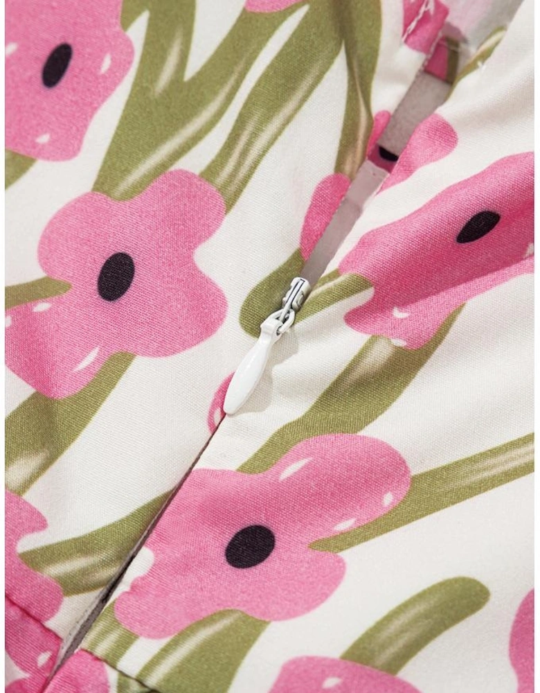 Pink Plus Size Ruffle Trim Square Neck High Waist Floral Maxi Dress