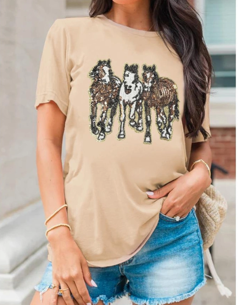 Khaki Sequin Horses Patched Casual Crewneck T Shirt