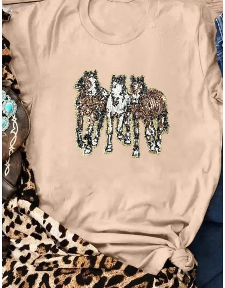 Khaki Sequin Horses Patched Casual Crewneck T Shirt
