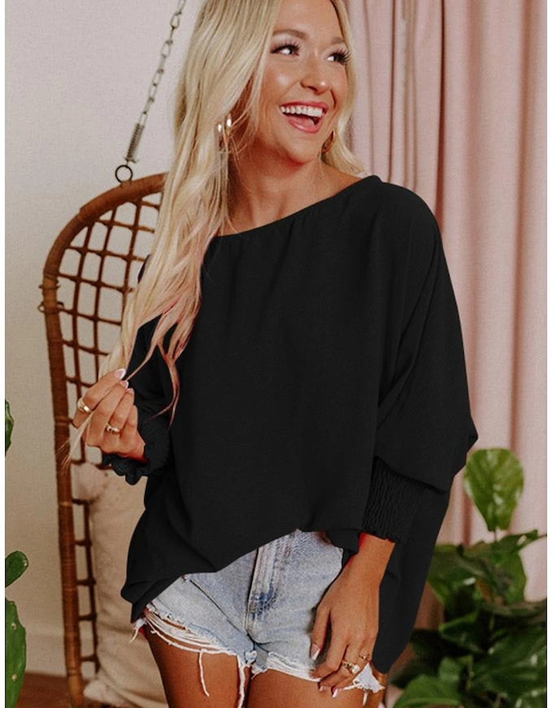 Black Smocked Wrist Shift Top
