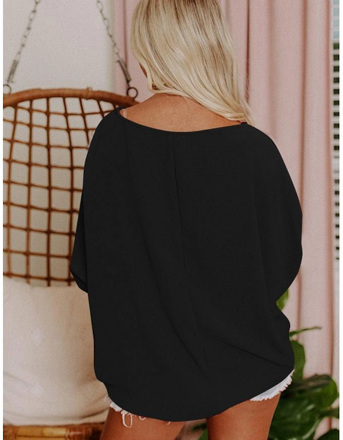Black Smocked Wrist Shift Top