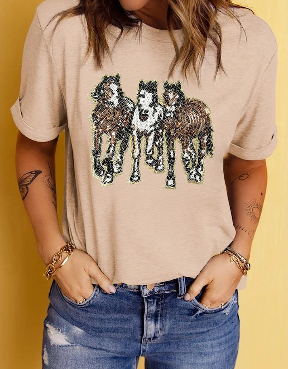Khaki Sequin Horses Patched Casual Crewneck T Shirt