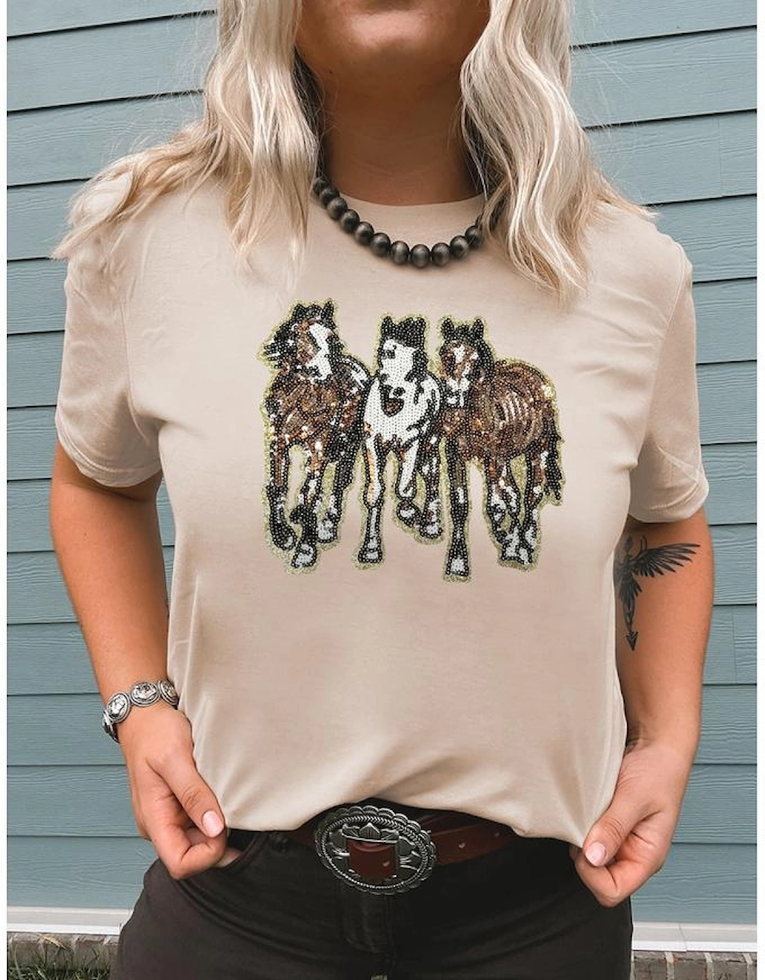 Khaki Sequin Horses Patched Casual Crewneck T Shirt