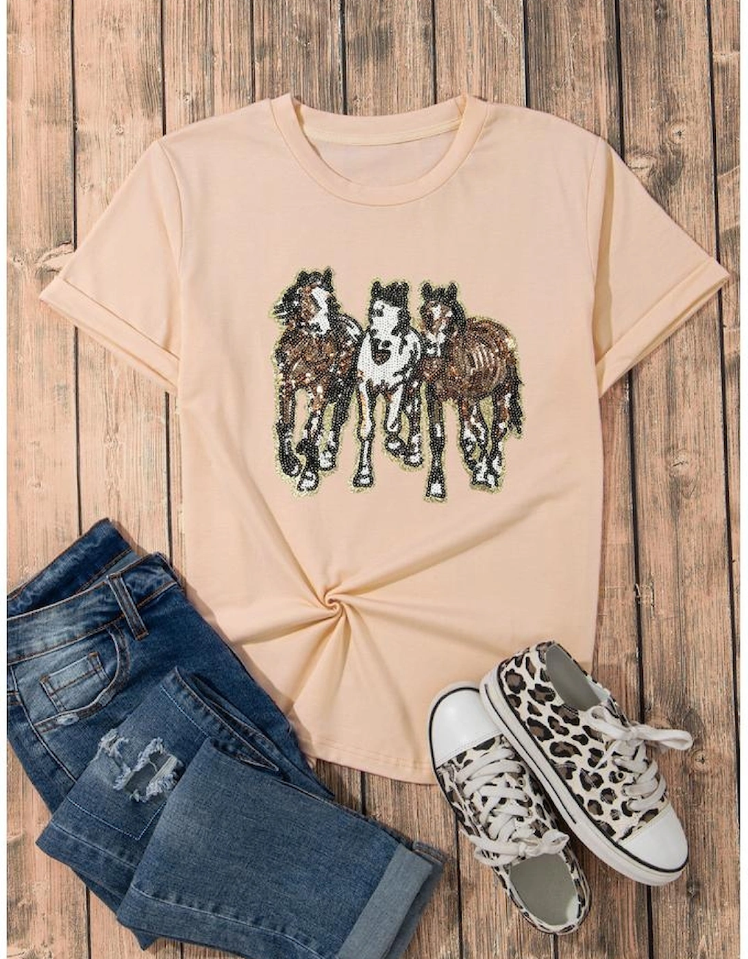 Khaki Sequin Horses Patched Casual Crewneck T Shirt