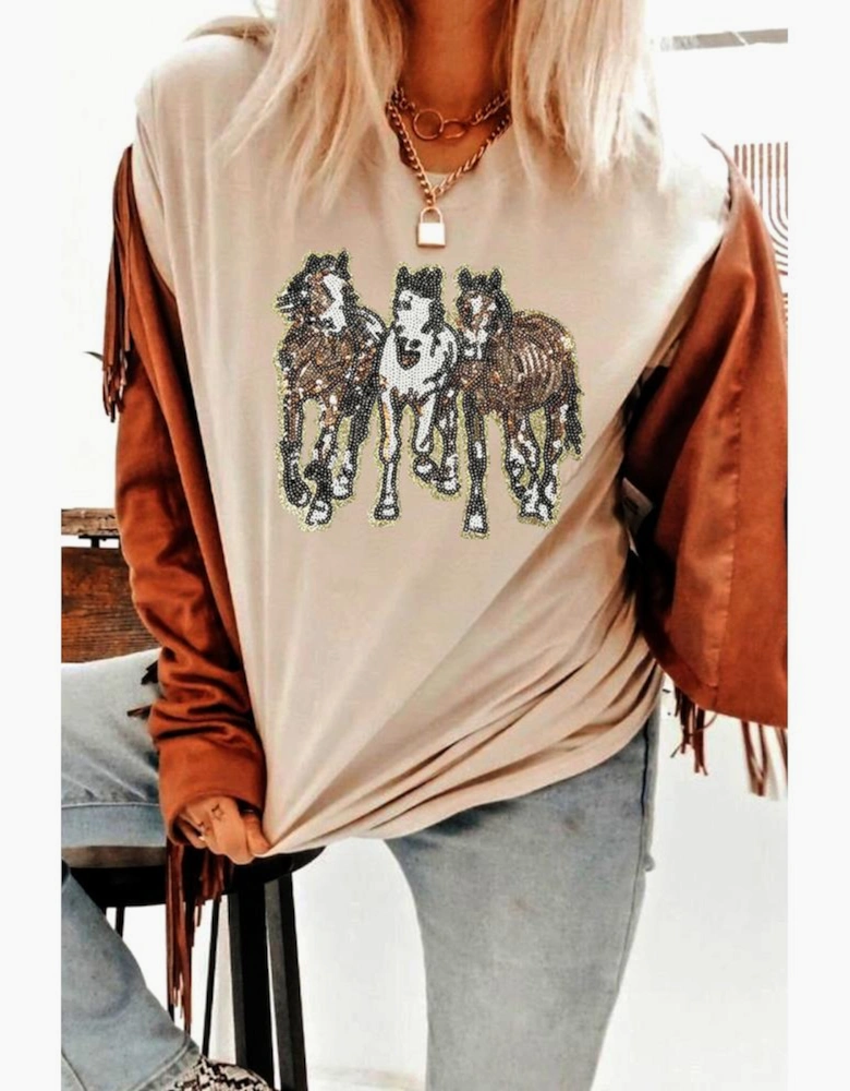 Khaki Sequin Horses Patched Casual Crewneck T Shirt