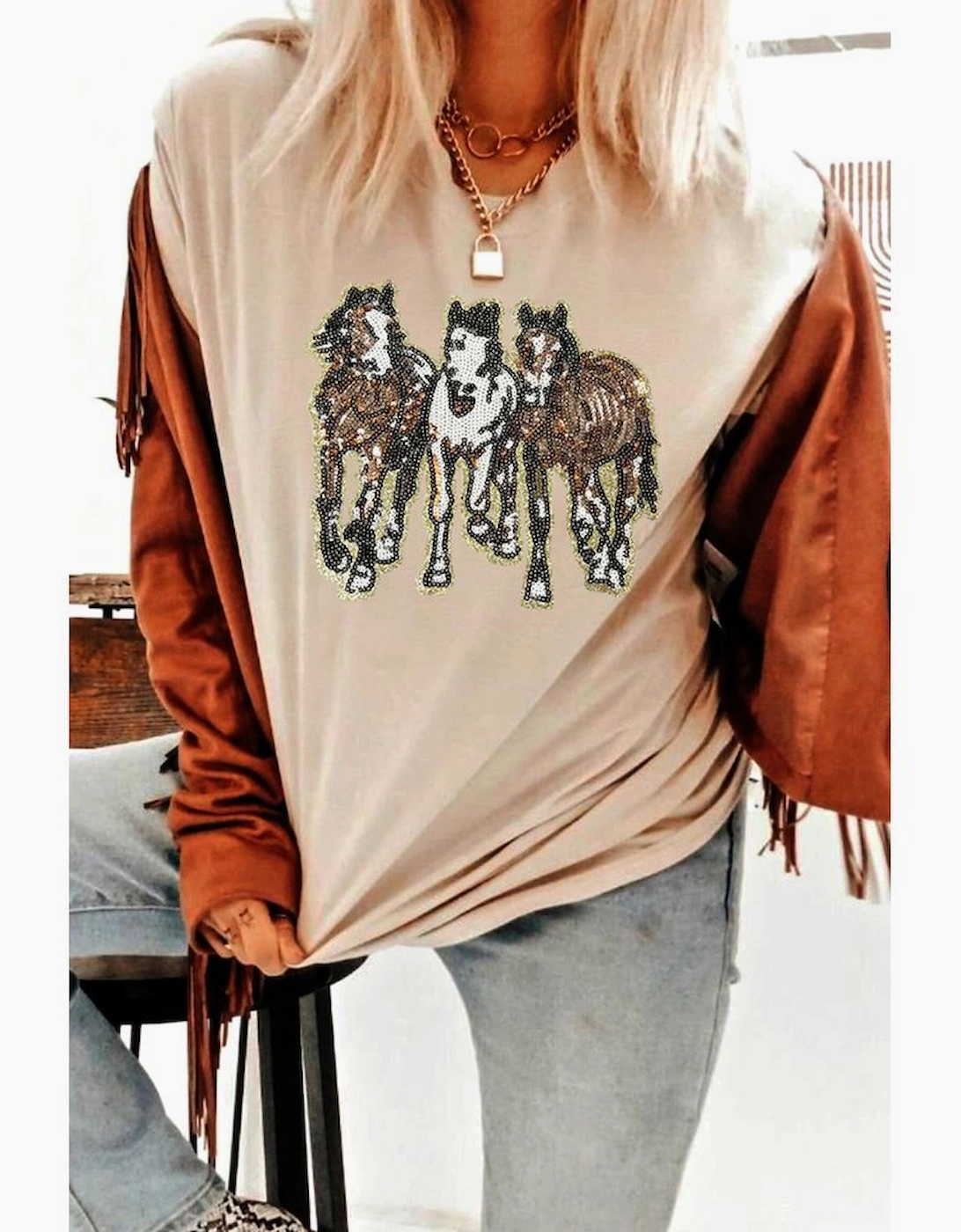 Khaki Sequin Horses Patched Casual Crewneck T Shirt