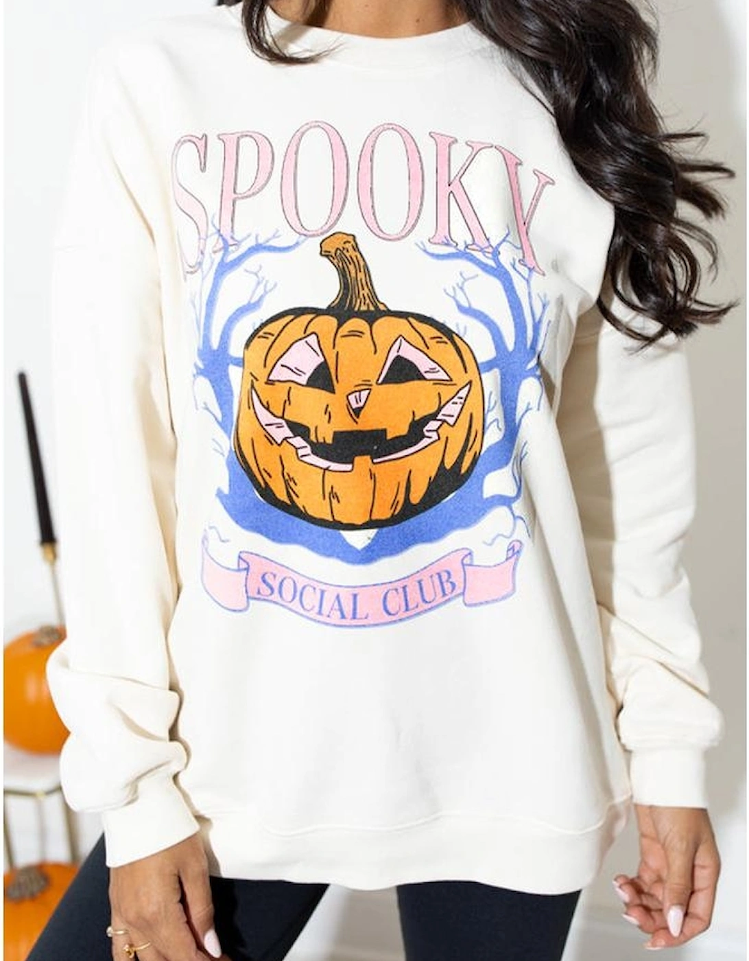 Beige SPOOKY SOCIAL CLUB Halloween Pumpkin Face Graphic Sweatshirt