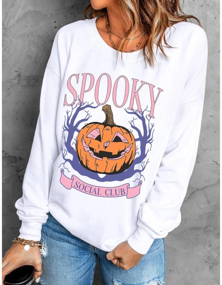 Beige SPOOKY SOCIAL CLUB Halloween Pumpkin Face Graphic Sweatshirt